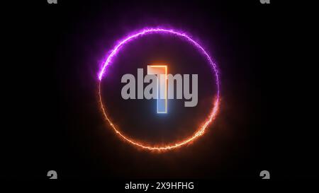 Eine lebendige und stilisierte Nummer eins ist von einem feurigen Lichtkreis umgeben. Der Kreis leuchtet in violetten und orangen Tönen. Stockfoto
