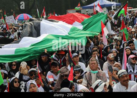 JAKARTA, INDONESIEN - 1. JUNI: Ein pro-palästinensischer Demonstrant hält während einer pro-palästinensischen Demonstration in der Front der US-Botschaft in Jakarta, Indonesien, am 1. Juni 2024 eine riesige palästinensische Flagge. Die Demonstration protestierte gegen den israelischen Militärangriff auf Rafah in Gaza. Stockfoto