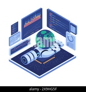 Flache 3D Isometrische Ai Robot Holding World mit Global Data Analytics. Künstliche Intelligenz und Datenanalyse Stock Vektor