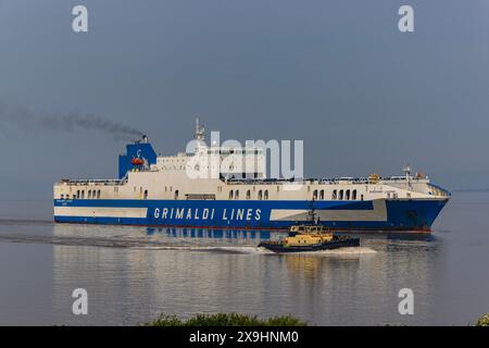 Der Fahrzeugträger Eurocargo Livomo fährt an einem ruhigen und ruhigen Tag nach Royal Portbury Stockfoto
