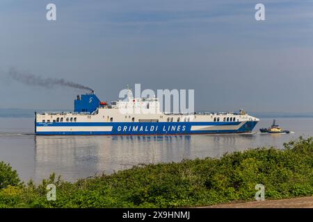 Der Fahrzeugträger Eurocargo Livomo fährt an einem ruhigen und ruhigen Tag nach Royal Portbury Stockfoto