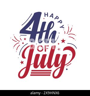 Happy 4. Juli handgezeichnete Grußkarte mit Festelementen und roter und blauer Kalligraphie. 4. Juli Aufkleber, Stempel, Emblem. Stock Vektor