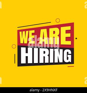 Wir haben das Design der Banner-Vorlage für die Einstellung. Design des Labels für Informationen zu offenen offenen Stellenangeboten für die Einstellung. Wir stellen Text auf roten und schwarzen rechteckigen Formen ein. Job Stock Vektor