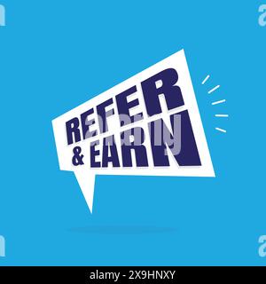 Das Logo-Konzept auf einem Megaphon-Symbol mit Sprechblase wird empfohlen und verdient. Banner, Poster, Vorlagendesign für Empfehlungsprogramm. „Empfehlen Sie einen Freund“-Aufkleber Stock Vektor