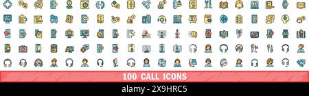 100 Anrufsymbole eingestellt. Farblinie Satz von Rufvektorsymbolen dünne Linie flach auf weiß Stock Vektor