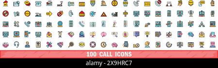 100 Anrufsymbole eingestellt. Farblinie Satz von Rufvektorsymbolen dünne Linie flach auf weiß Stock Vektor