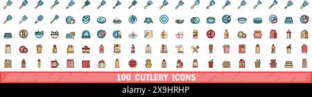 100 Symbole für Besteck. Farblinie Satz von Besteckvektorsymbolen dünne Linie Farbe flach auf weiß Stock Vektor