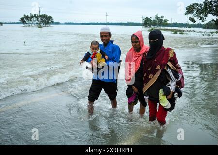 Sylhet, Bangladesch. 30. Mai 2024. In der Barhal-Gegend von Goainghat upazila wurden viele Häuser von Überschwemmungen überschwemmt, was die Bewohner zwang, woanders mit ihren Rindern und Geflügel Zuflucht zu suchen. Starke Regenfälle vom Zyklon Remal haben Überschwemmungen aus den Bergen von Meghalaya verursacht, indem sie Jaintapur, Goainghat, Kanaighat und Jakiganj upazilas überschwemmen und etwa drei Menschen am See einsperren. Stockfoto