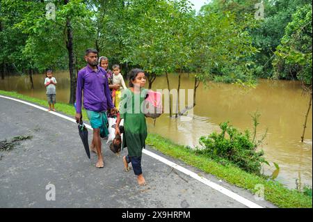 Sylhet, Bangladesch. 30. Mai 2024. In der Barhal-Gegend von Goainghat upazila wurden viele Häuser von Überschwemmungen überschwemmt, was die Bewohner zwang, woanders mit ihren Rindern und Geflügel Zuflucht zu suchen. Starke Regenfälle vom Zyklon Remal haben Überschwemmungen aus den Bergen von Meghalaya verursacht, indem sie Jaintapur, Goainghat, Kanaighat und Jakiganj upazilas überschwemmen und etwa drei Menschen am See einsperren. Stockfoto