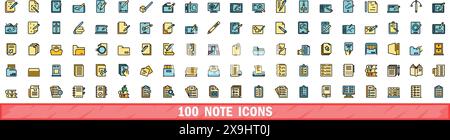 100 Notizsymbole eingestellt. Farblinie Satz von Notizvektorsymbolen dünne Linie Farbe flach auf weiß Stock Vektor