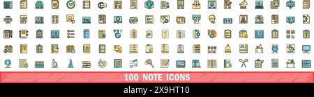 100 Notizsymbole eingestellt. Farblinie Satz von Notizvektorsymbolen dünne Linie Farbe flach auf weiß Stock Vektor