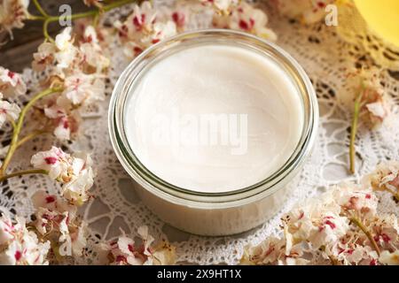 Hausgemachte Rosskastaniensalbe in einem Glas auf einem Tisch Stockfoto