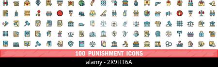 100 Symbole für Bestrafung gesetzt. Farblinie Satz von Strafvektorsymbolen dünne Linie Farbe flach auf weiß Stock Vektor