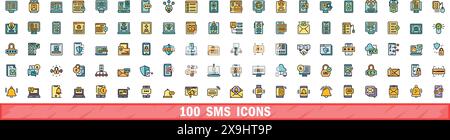 100 sms-Symbole eingestellt. Farblinie Satz von sms-Vektorsymbolen dünne Linie Farbe flach auf weiß Stock Vektor