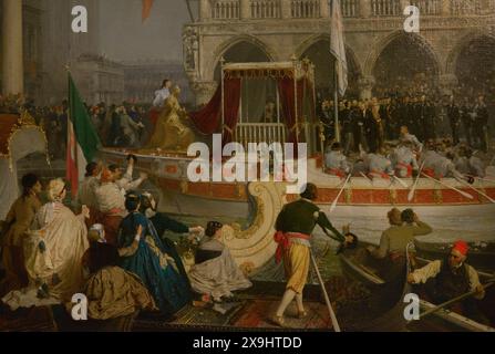 Italienische Einigung. Die Befreiung Venetiens wurde mit der Ankunft von Victor Emanuel II. (1820–1878) in Venedig am 7. November 1866 gefeiert. Er wurde von den Behörden, dem Bürgertum und den Menschen auf dem Markusplatz vor dem Dogenpalast empfangen. "Das Hauptgericht von Victor Emmanuel II. In Venedig", von Gerolamo Induno (1825-1890). Öl auf Leinwand, 1866. Details. Museum des Risorgimento. Mailand. Italien. Autor: Gerolamo Induno (1825-1890). Italienischer Maler. Stockfoto