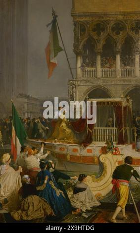Italienische Einigung. Die Befreiung Venetiens wurde mit der Ankunft von Victor Emanuel II. (1820–1878) in Venedig am 7. November 1866 gefeiert. Er wurde von den Behörden, dem Bürgertum und den Menschen auf dem Markusplatz vor dem Dogenpalast empfangen. "Das Hauptgericht von Victor Emmanuel II. In Venedig", von Gerolamo Induno (1825-1890). Öl auf Leinwand, 1866. Details. Museum des Risorgimento. Mailand. Italien. Autor: Gerolamo Induno (1825-1890). Italienischer Maler. Stockfoto