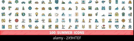 100 Symbole für den Sommer. Farblinie Satz von Sommer-Vektorsymbolen dünne Linie Farbe flach auf weiß Stock Vektor