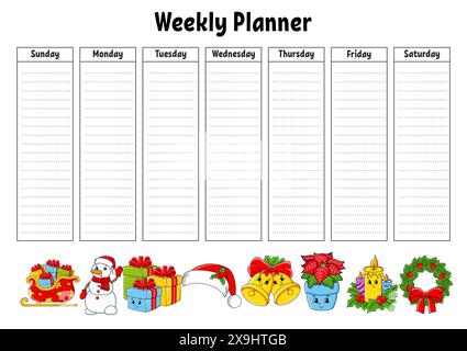 Wochenplaner. Bunte leere druckbare Vorlage. Weihnachtsmotiv. Vektorabbildung. Stock Vektor