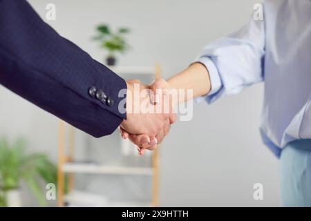 Starker Handschlag zwischen Fachleuten im Unternehmensumfeld als Symbol für Vertrauen und Partnerschaft. Stockfoto