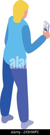 Vektor-Illustration einer farbenfrohen isometrischen Person, die ein Smartphone zum Schreiben von SMS und Surfen im Internet verwendet und die moderne digitale Kommunikation und Konnektivität zeigt Stock Vektor