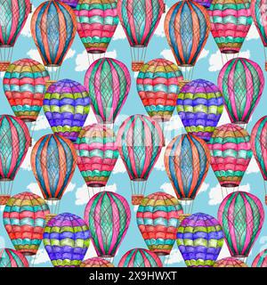 Die farbenfrohen Heißluftballons mit lebendigen Mustern am türkisfarbenen Himmel symbolisieren das Gefühl von Freiheit und Abenteuer Stockfoto