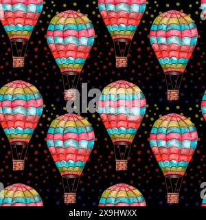 Die Abbildung zeigt ein nahtloses Muster mit bunten Heißluftballons auf schwarzem Hintergrund. Schlagwörter Aerostat, Licht, Natur, Heißluftballon, Ballon, gelb, Transportart, Linie, Rot Stockfoto