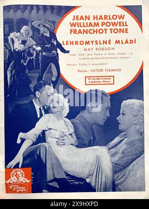 Tschechische Handelsanzeige für JEAN HARLOW WILLIAM POWELL und FRANCHOT TONE in RECONLESS / LEHKOMYSLNE MLADI 1935 Regisseur VICTOR FLEMING Produzent David O. Selznick Metro Goldwyn Mayer (MGM) Stockfoto