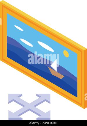 Lebendige isometrische Illustration eines gerahmten Gemäldes, das ein Segelboot auf blauem Wasser darstellt Stock Vektor