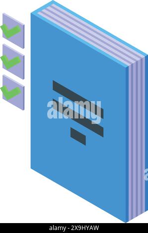 3D-isometrische Darstellung eines blauen Dokuments und einer Checkliste mit grünen Häkchen Stock Vektor