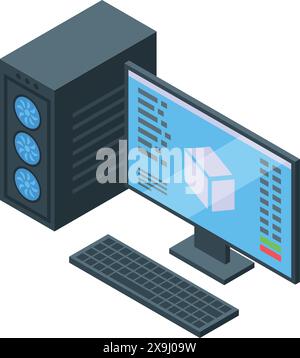 Isometrische Vektordarstellung eines Desktop-Computers mit Codierungsschnittstelle, die auf dem Monitor angezeigt wird Stock Vektor