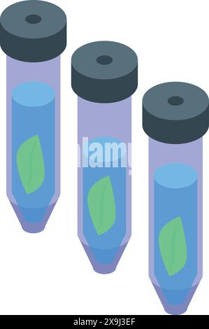 Drei isometrische Reagenzgläser mit blauer Flüssigkeit und grünen Blättern, was auf biotechnologische Forschung hindeutet Stock Vektor