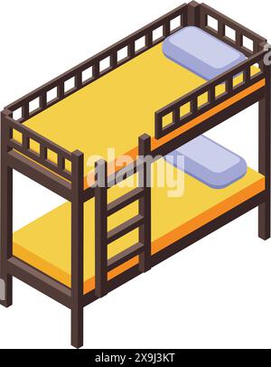 3D-isometrische Illustration mit einem hölzernen Stockbett mit Matratzen und Leiter Stock Vektor