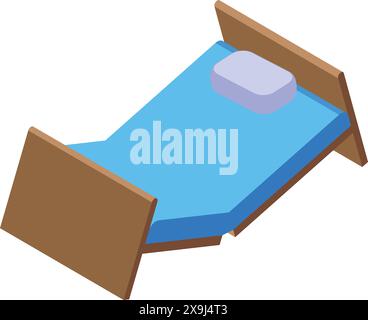 Isometrische Vektor-Illustration eines Zeichentrick-hölzernen Einzelbetts mit blauem Blatt und Kissen, isoliert auf weißem Hintergrund Stock Vektor