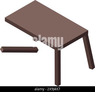 Abbildung eines gebrochenen Holztisches in isometrischer Ansicht mit beschädigtem Bein, digitaler Kunst, Vektorillustration, Reparaturkonzept und minimalistischem Innendesign isoliert auf weißem Hintergrund Stock Vektor