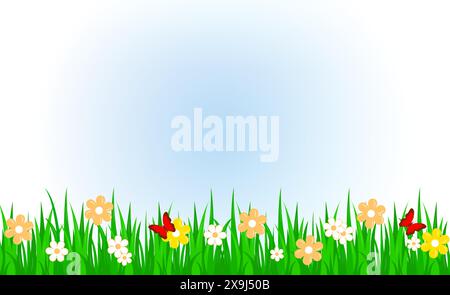 Universeller Naturhintergrund mit Gras, Blumen, Schmetterlingen mit Kopierraum. Vektorabbildung. Stock Vektor