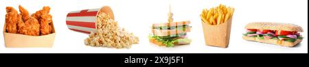 Verschiedene fast Food-Produkte auf weißem Hintergrund Stockfoto