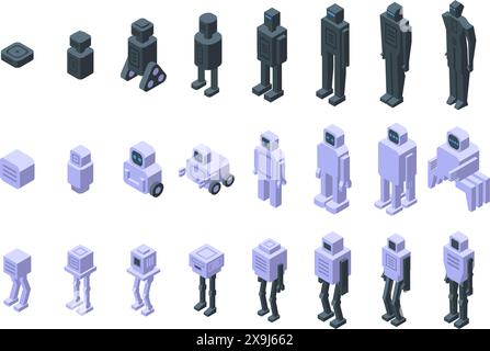 Symbole für die Roboterentwicklung isometrischer Set-Vektor. Eine Reihe von Roboterfiguren in verschiedenen Entwicklungsstufen. Die erste Figur ist ein kleiner Roboter mit einer Box auf dem Kopf, und die letzte Figur ist ein großer Roboter mit einer Box auf dem Kopf Stock Vektor