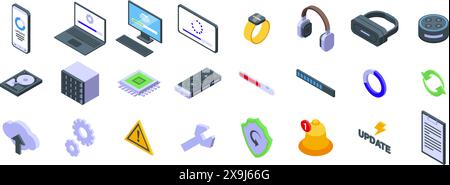 Aktualisieren der Symbole der App-Software isometrischer Vektor. Eine Sammlung von Technologiesymbolen, darunter ein Notebook, ein Tablet, eine Smart Watch und ein Virtual-Reality-Headset Stock Vektor