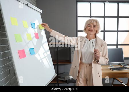 Schöne, reife Geschäftsfrau, die im Büro einen Papierkatalog auf das Flipchart klebt Stockfoto