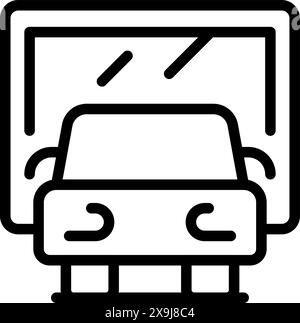 Vereinfachtes Symbol mit schwarz-weißen Linien, das ein in einer Garage geparktes Cartoon-Auto darstellt Stock Vektor