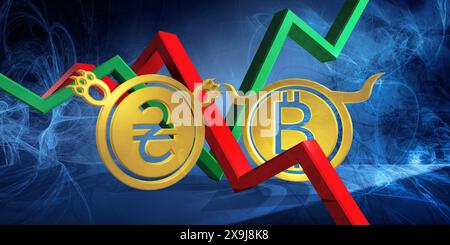 Bullische btc-Währung in bärische uah-Währung. Devisenmarkt 3D Illustration von Bitcoin zu ukrainischer Hrywna. Geld wird als goldene Münzen dargestellt Stockfoto