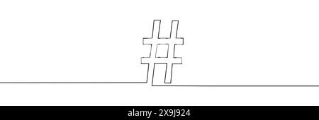 Das Hashtag-Symbol wird in einer durchgehenden Linie gezeichnet. Strichgrafik, Kontur, einzeilige Silhouette. Bearbeitbare Zeile. Stock Vektor