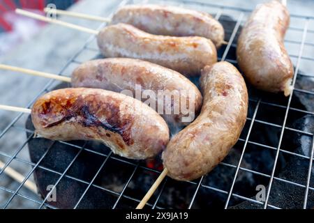 Schweinefleisch und Reiswurst auf dem Grill, Holzkohlegrill Stockfoto