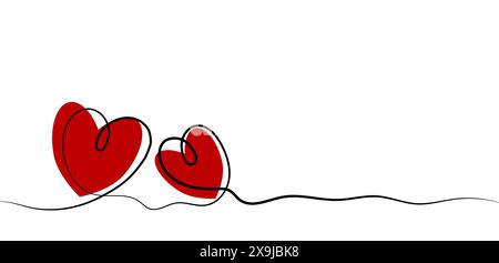 Zwei ineinander verflochtene rote Herzen, verbunden durch eine fließende schwarze Linie auf weißem Hintergrund, symbolisieren Liebe und Zusammengehörigkeit. Der ist mit viel weißem Raum umgeben Stock Vektor