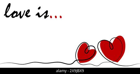 Der handgeschriebene Satz Love ist oben links, mit zwei ineinander verflochtenen roten Herzen unten rechts in Schwarz umrandet. Die Stock Vektor