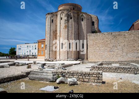 Zadar, Kroatien - 27. Mai 2024: Römische Forumruinen in der Nähe und die Kirche St. Donatus in Zadar, Kroatien Stockfoto