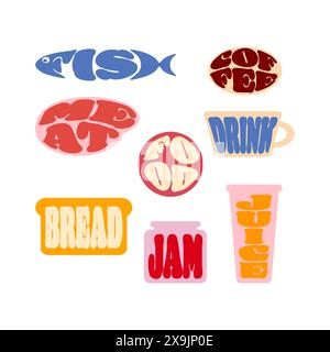 Stilized Retro Groovy Style Kollektion in Form von Food and Drink Logos wie Brot, Kaffee, Fisch, Fleisch, Marmelade, Symbole für Saft, Lebensmittel und Getränke Stock Vektor