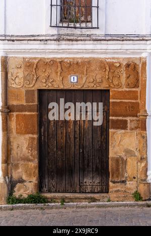 Vegetatives Relief an der Fassade eines Herrenhauses, Alanís, Sierra Morena, Sierra Norte de Sevilla, Provinz Sevilla, Andalusien. Stockfoto