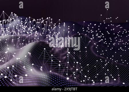 Abstrakte digitale Landschaft mit verbundenen Punkten und Linien, die ein Netzwerk auf dunklem Hintergrund bilden. 3D-Rendering Stockfoto