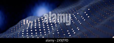 Abstraktes wellenähnliches Muster mit Punkten auf dunkelblauem Hintergrund. 3D-Rendering Stockfoto